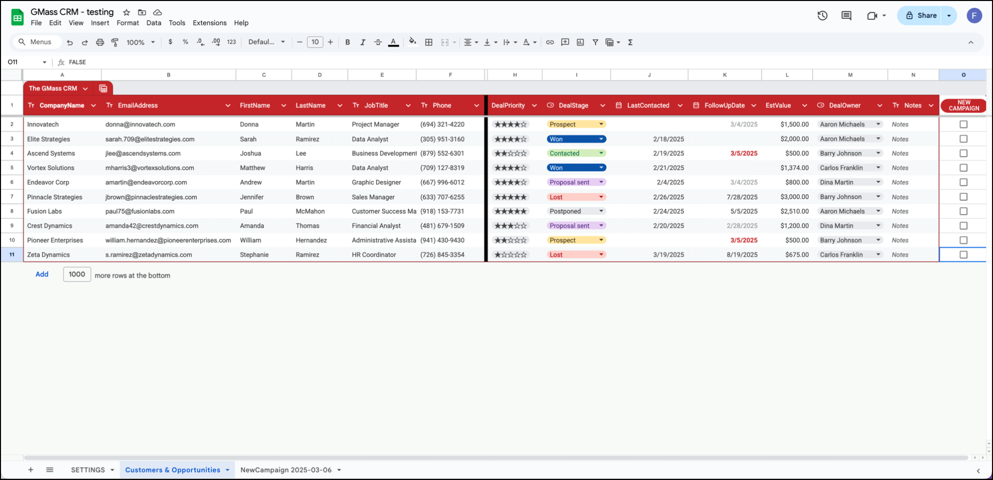 GMass's free Google Sheets CRM template