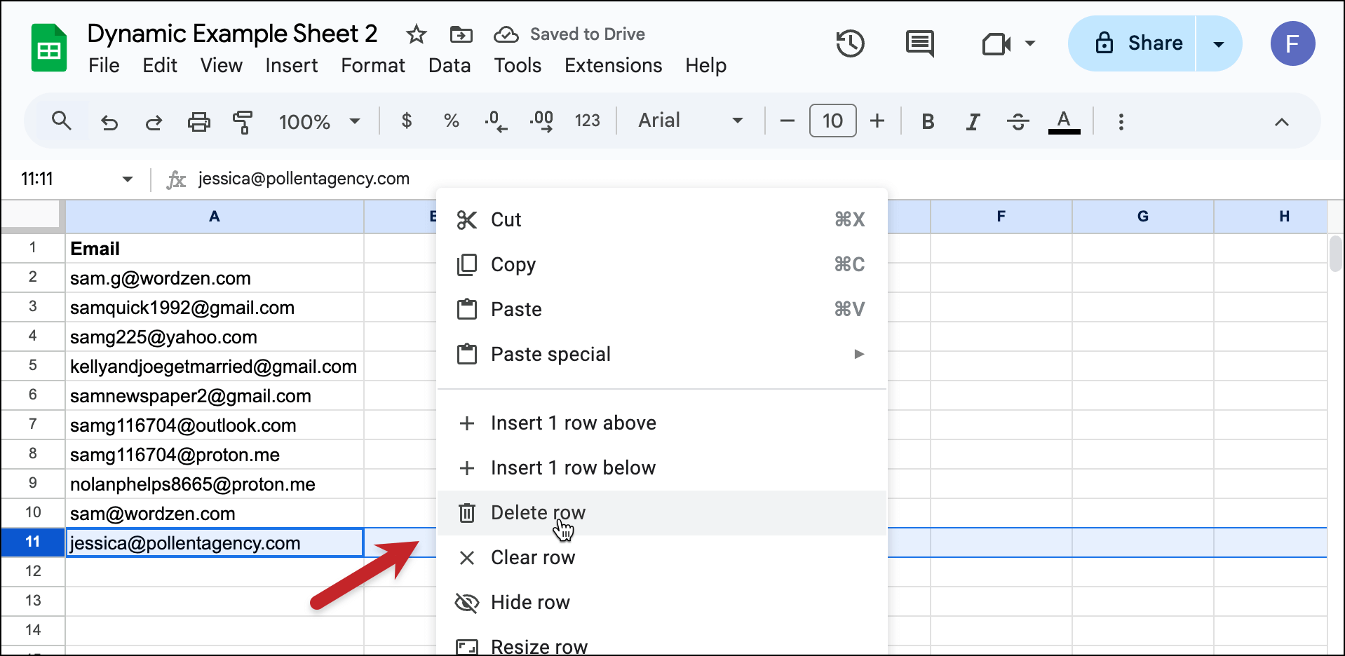 Deleting a row from the sheet