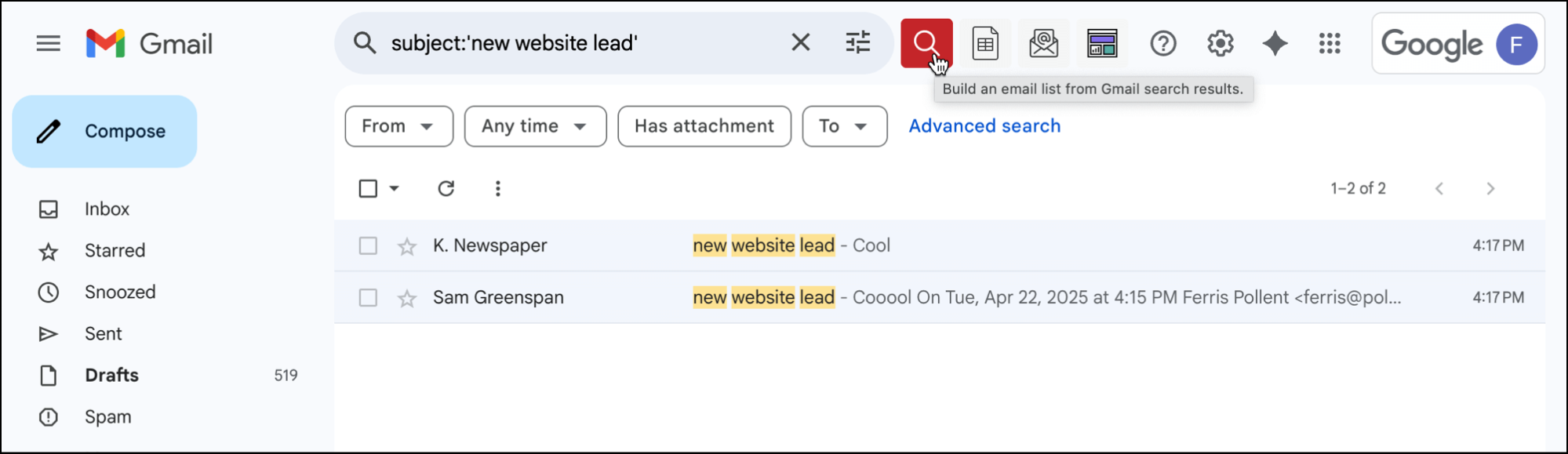 Building a list off a search