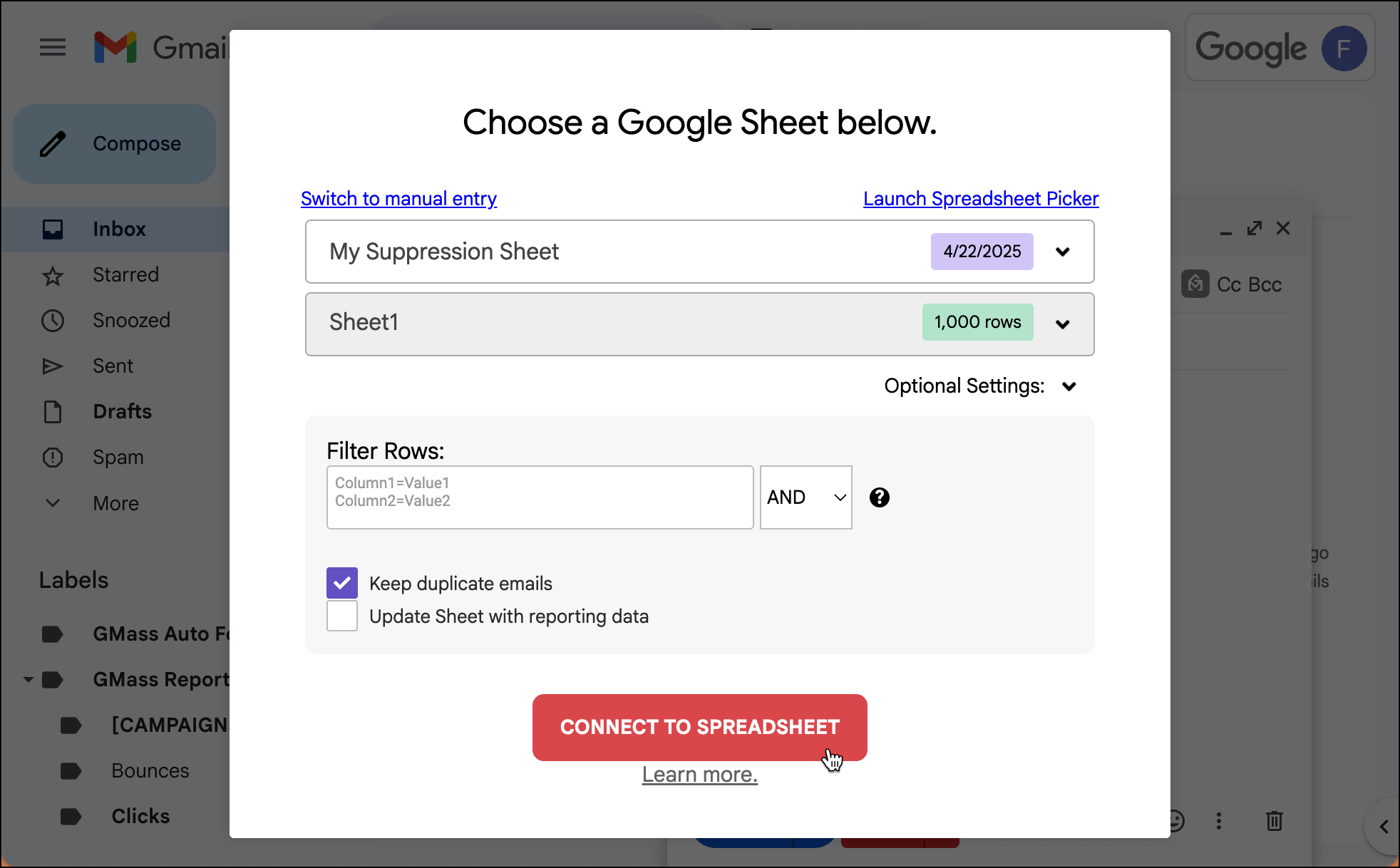Connecting the suppression sheet to a faux campaign
