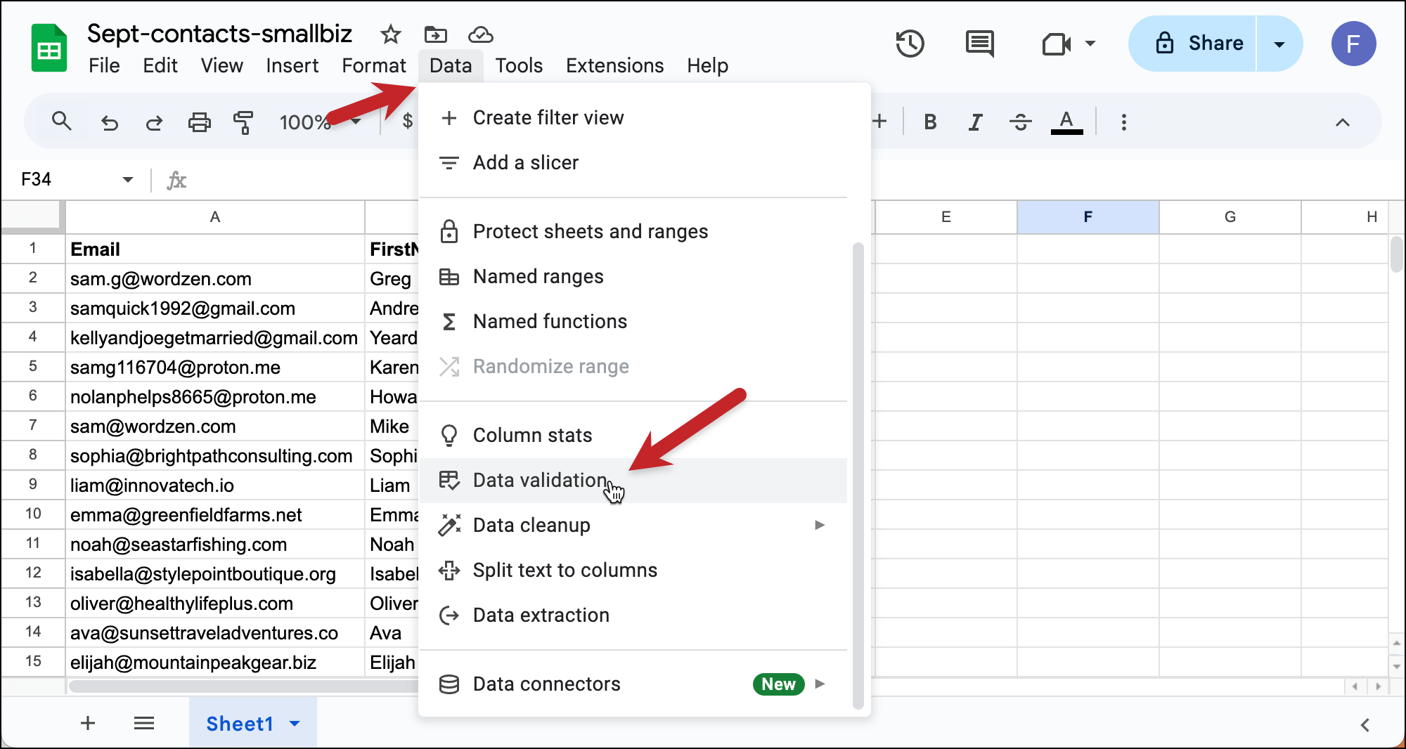 Using data validation on emails