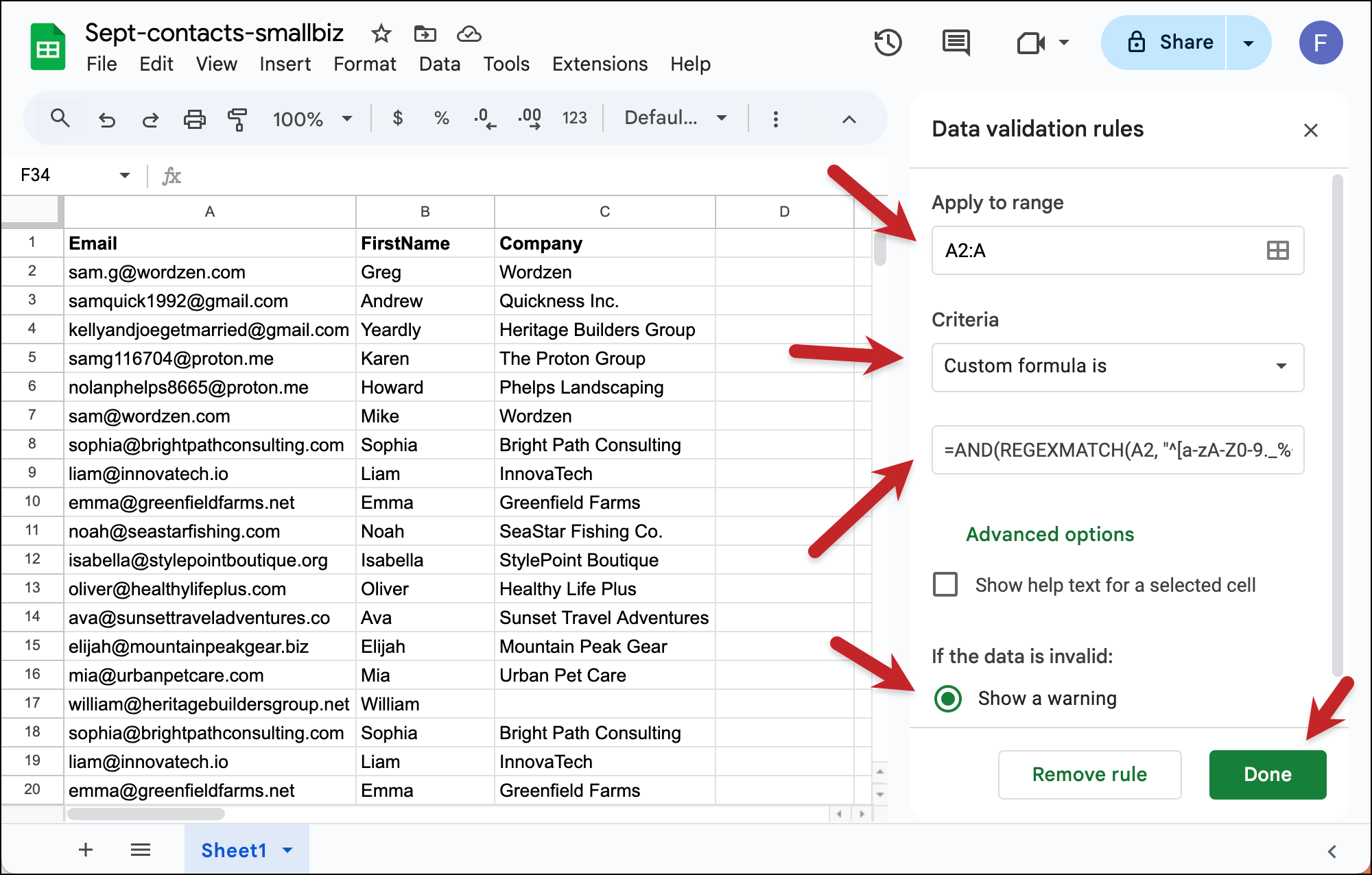 Setting up your data validation formula