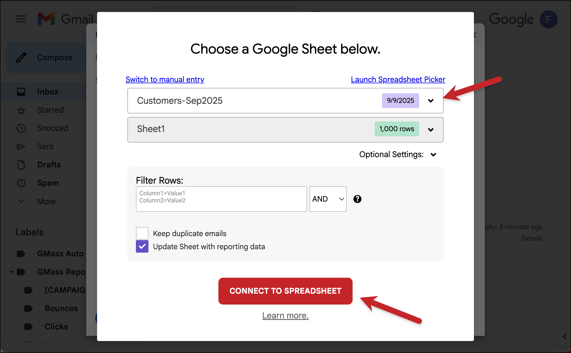 Choose your Google Sheet from the dropdown