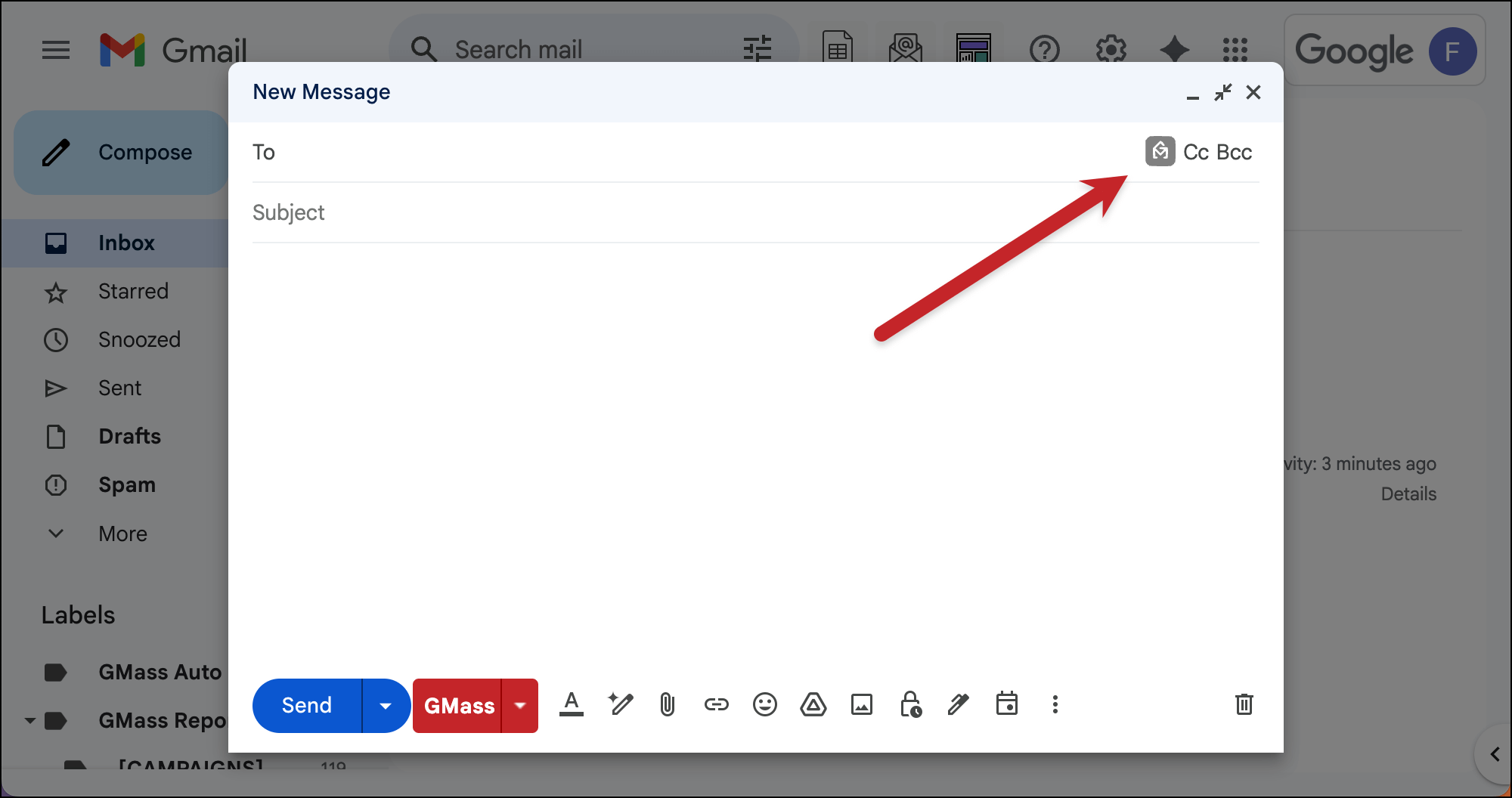 Click the GMass icon to begin the process of an invoice mail merge