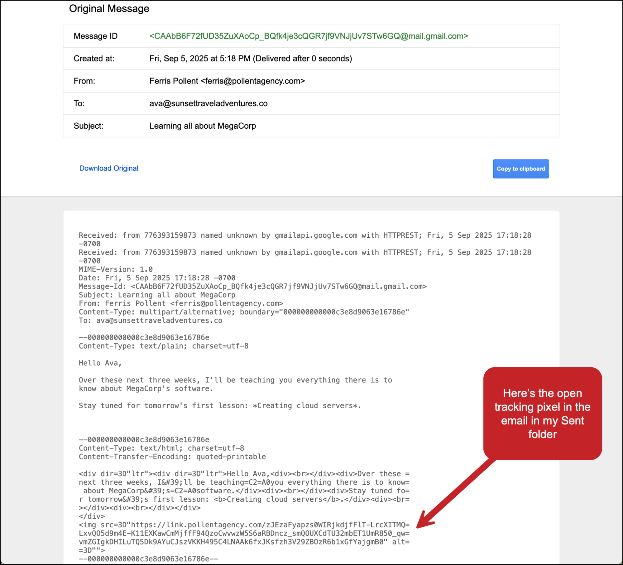 The open tracking pixel triggered by viewing a message in the Sent folder