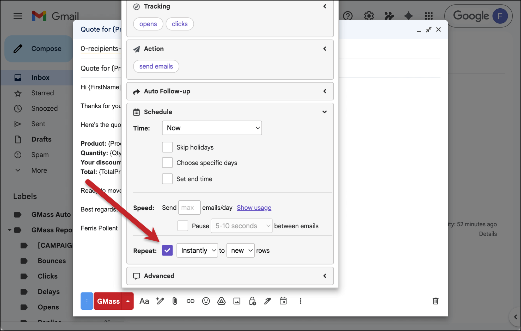 Set up recurrence instantly to new rows