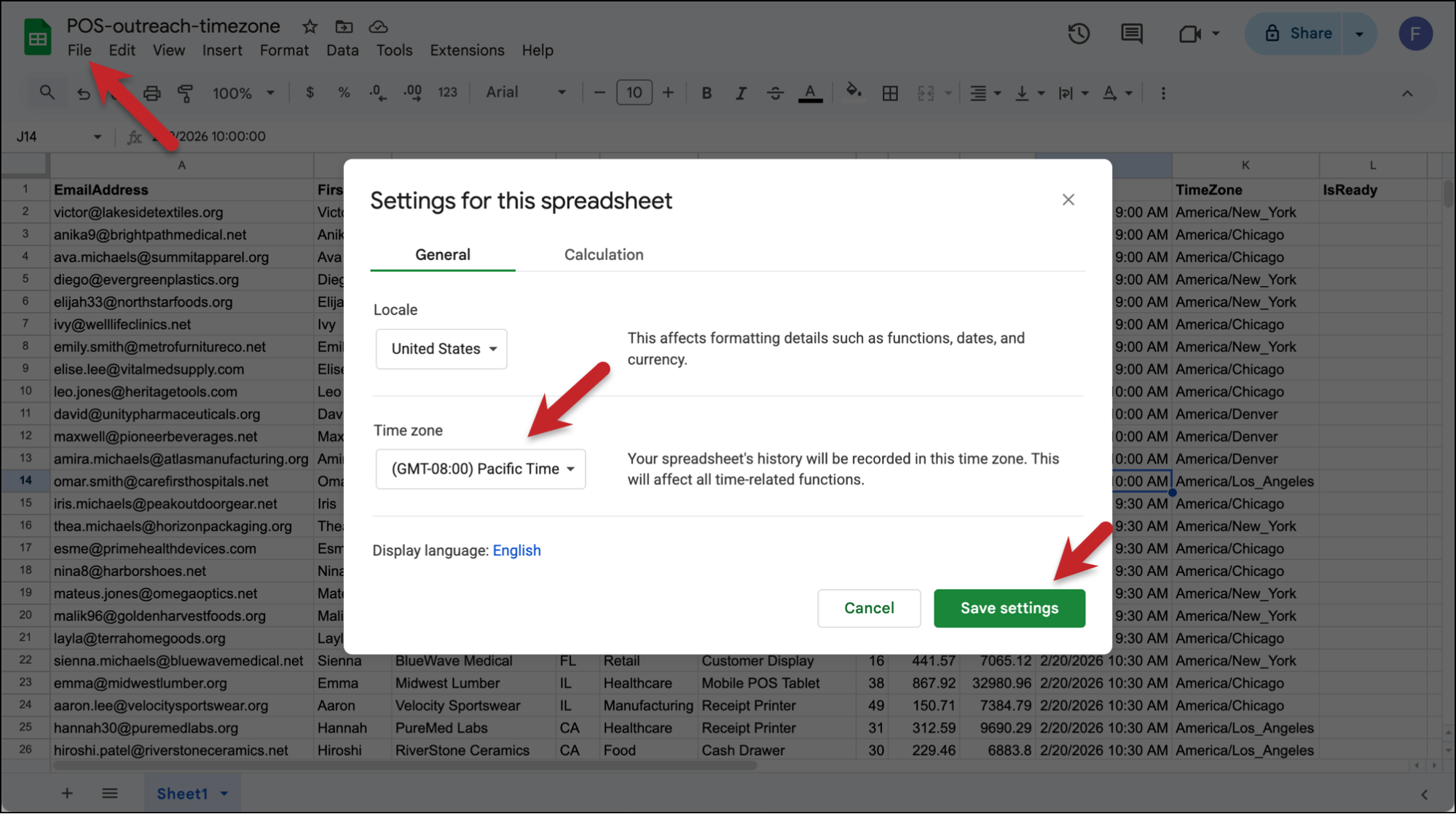 Set the base time zone in your Google Sheet