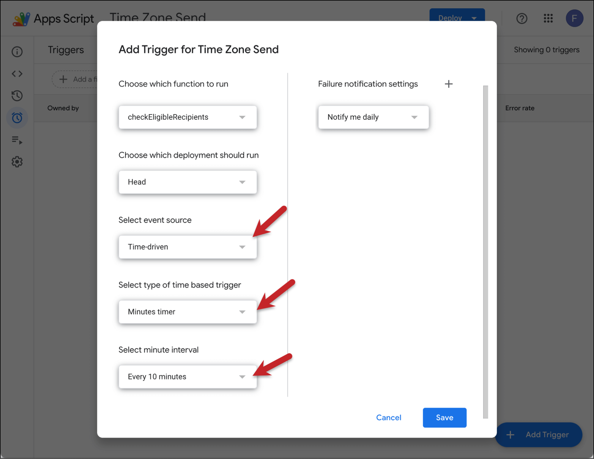Set up the time-based trigger settings