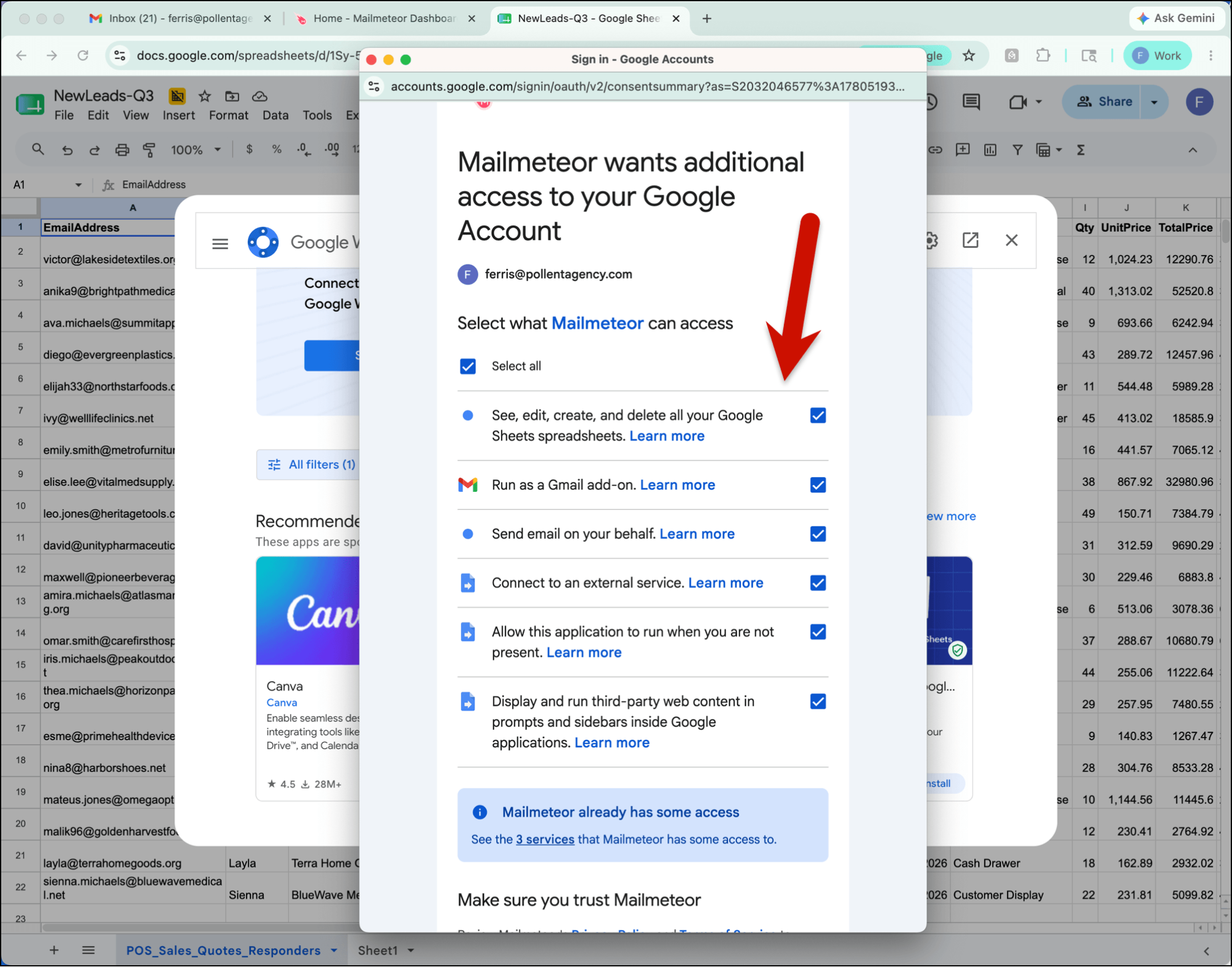 Mailmeteor's initial install asks for a lot of permissions
