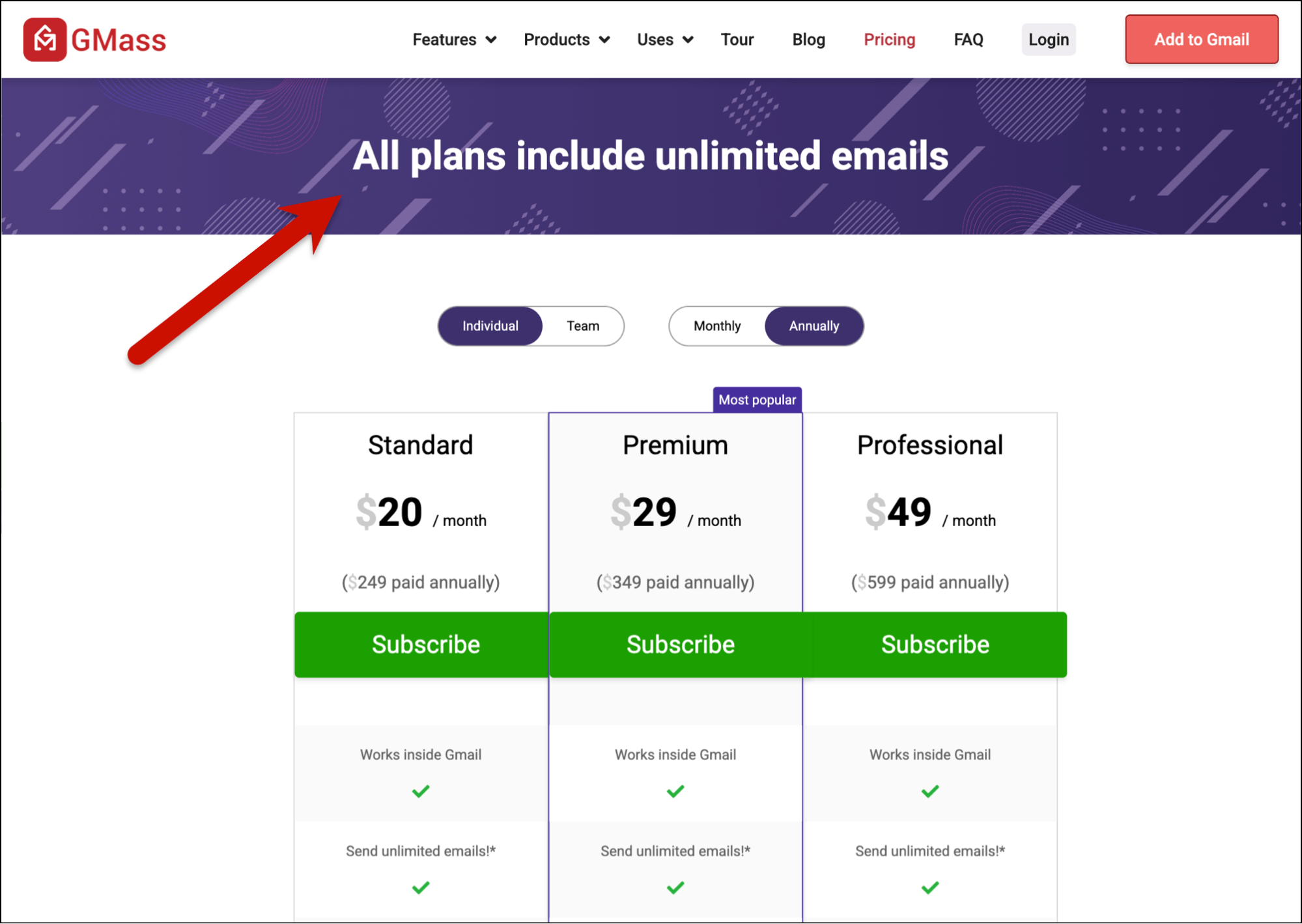 All GMass plans come with unlimited emails