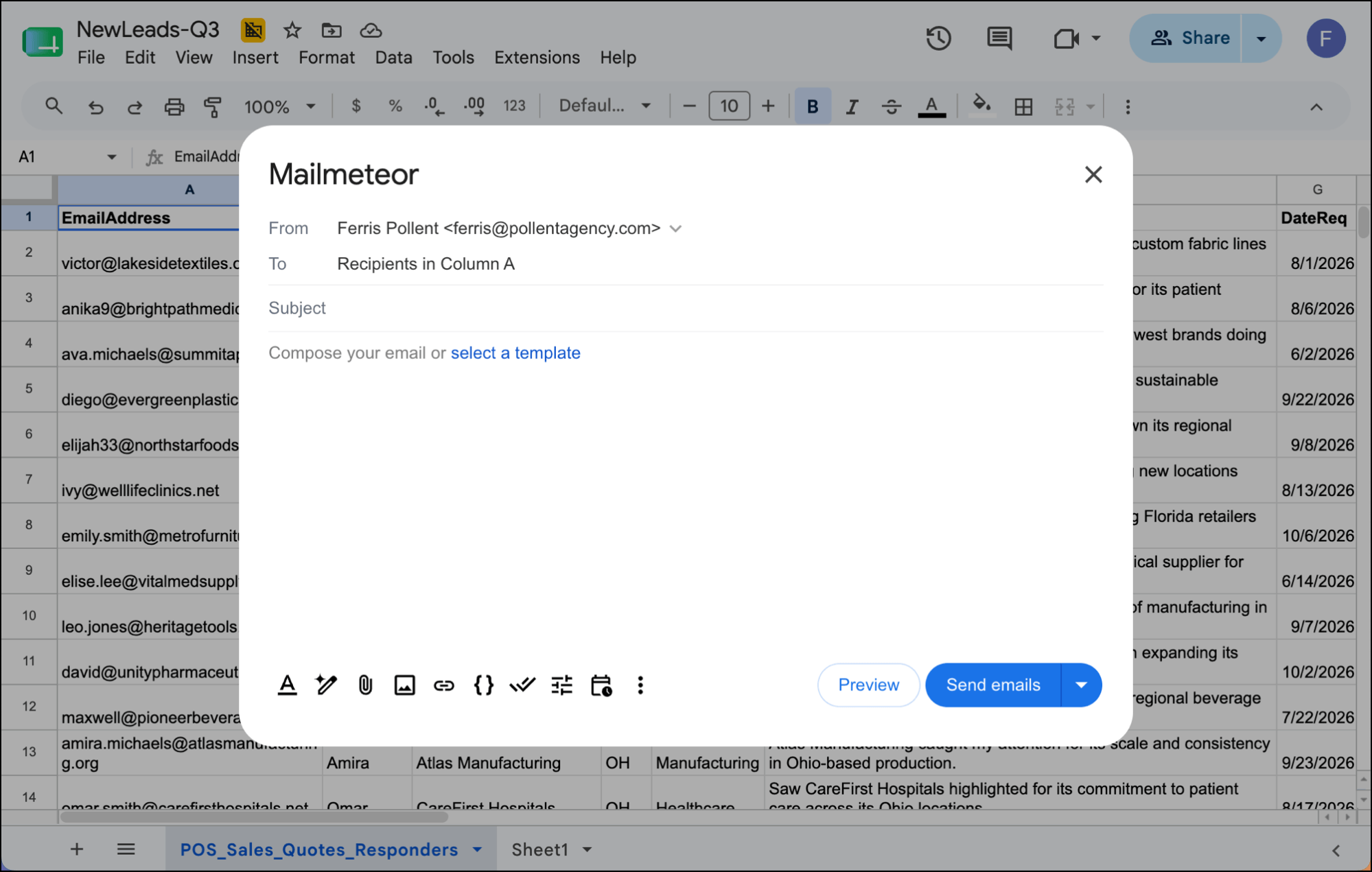 Mailmeteor works inside Google Sheets