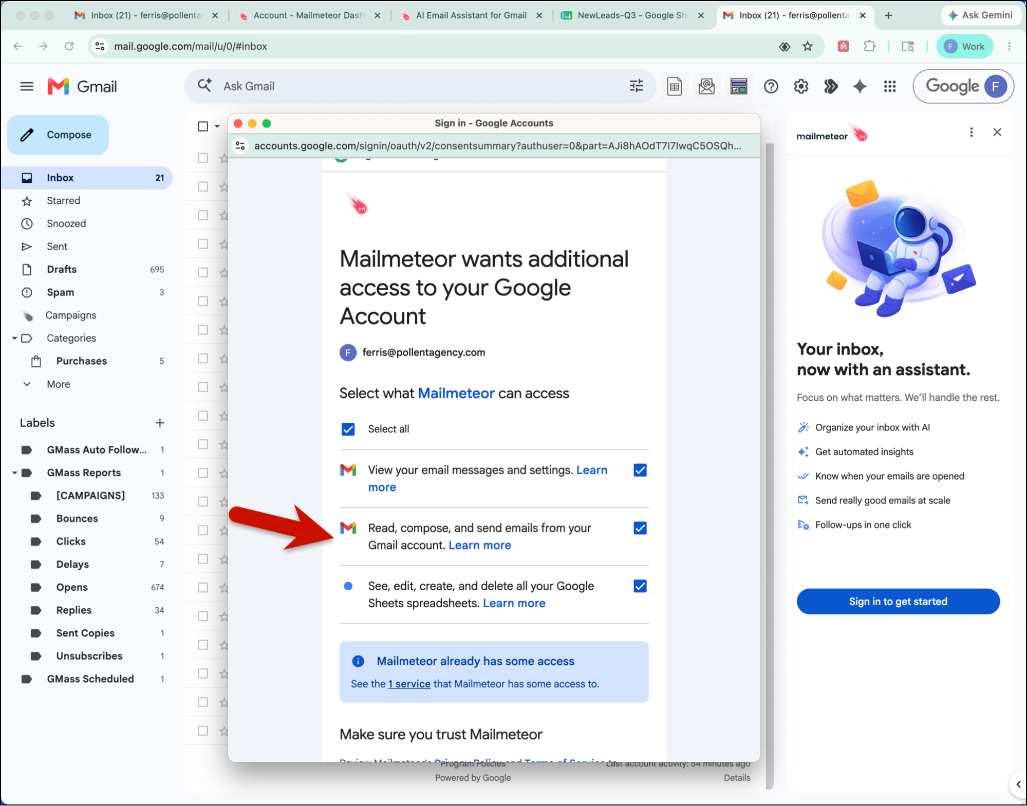 Other Mailmeteor tools ask for more permissions