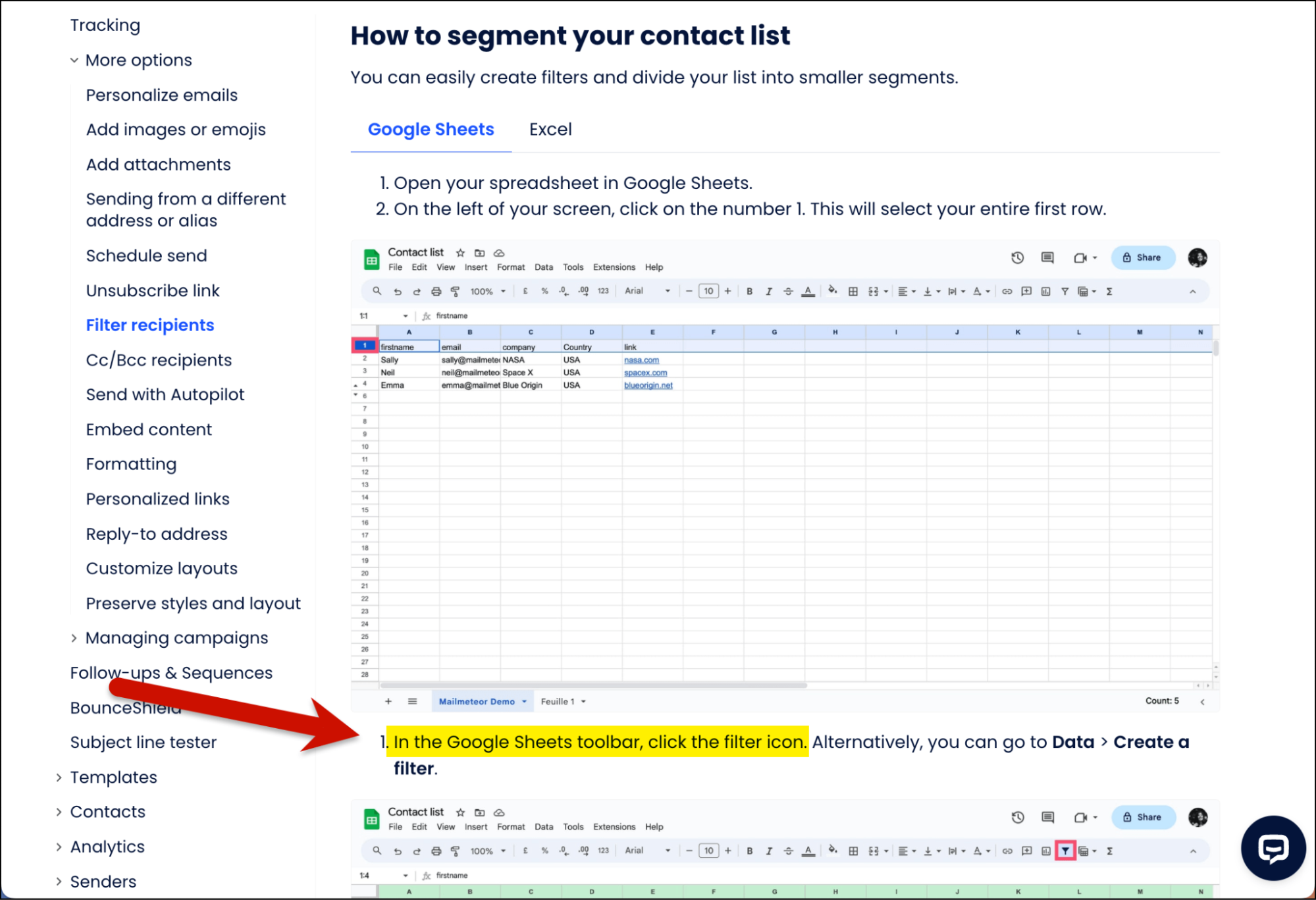 Mailmeteor's segmentation is setting a Google Sheets filter