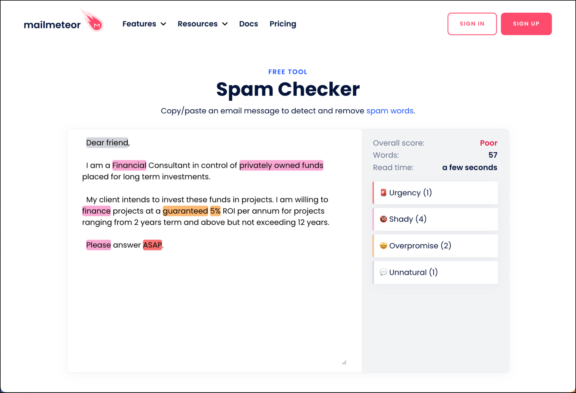 Mailmeteor's Spam Checker is a basic word hunting tool