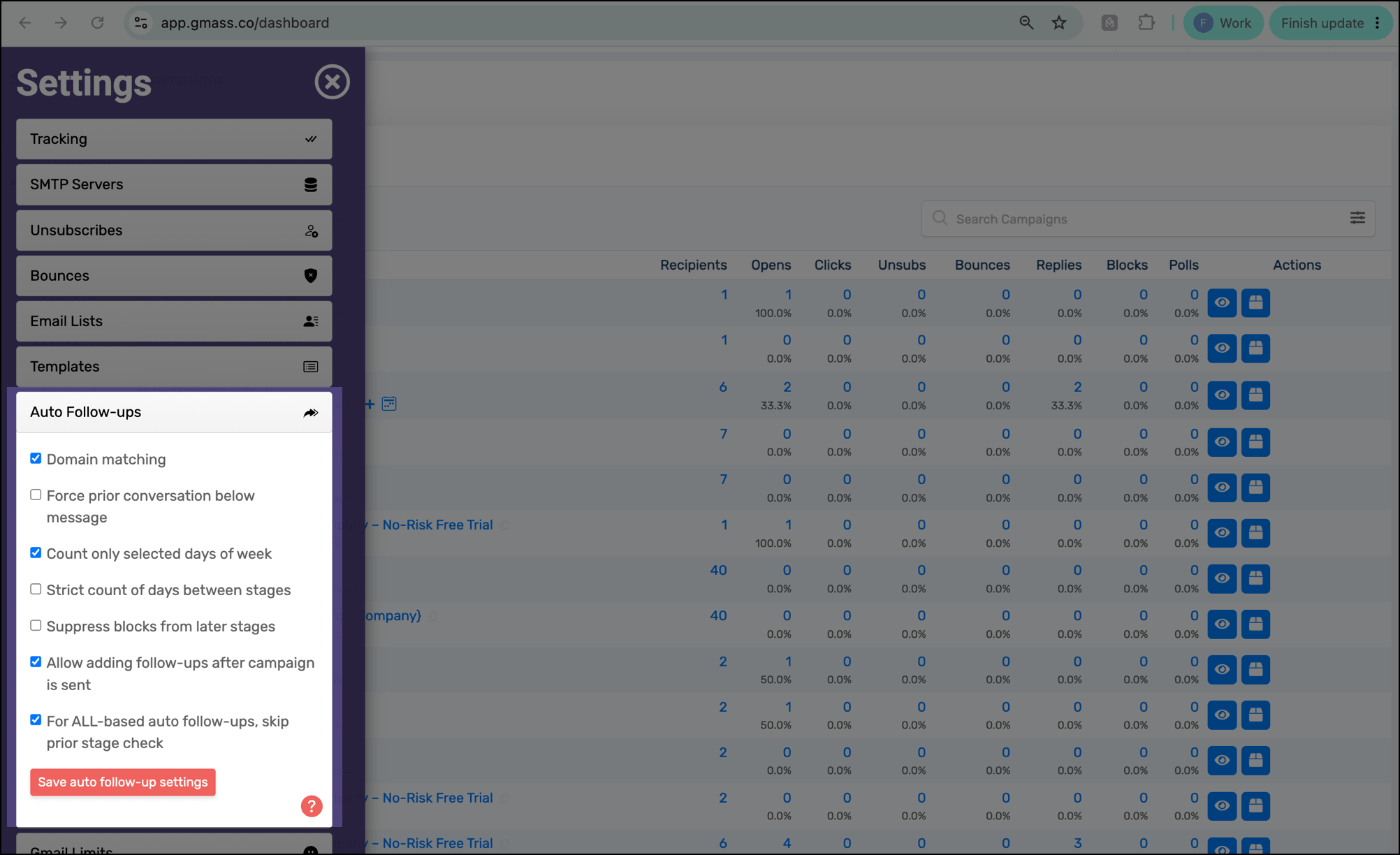 Auto follow-up settings in the GMass dashboard