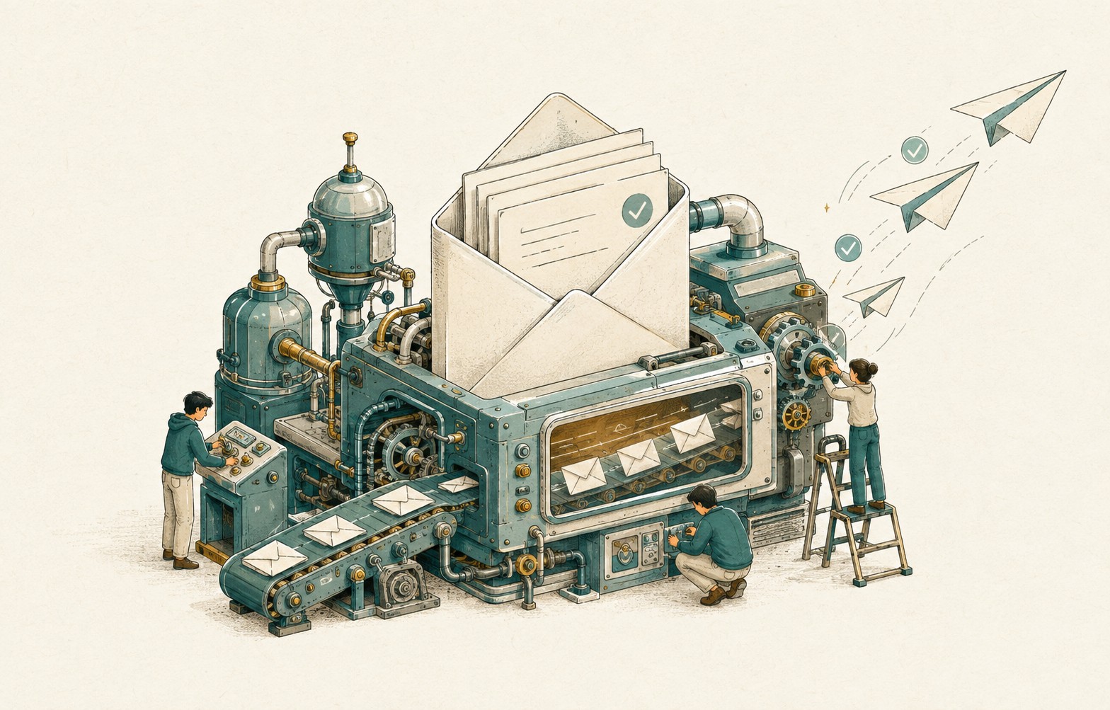 An illustrated team of three engineers carefully tuning a machine that sends email.
