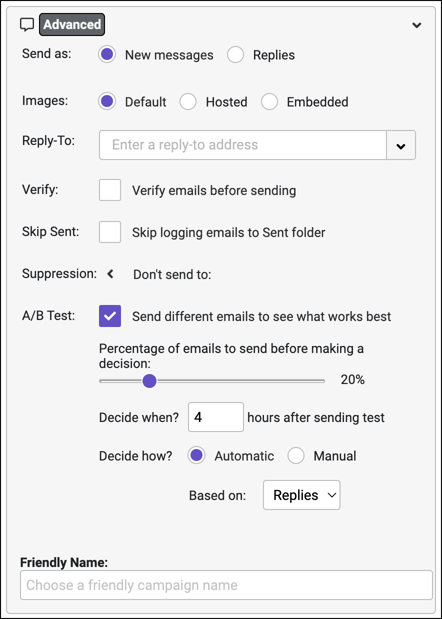 Configuring an A/B test in the GMass settings.