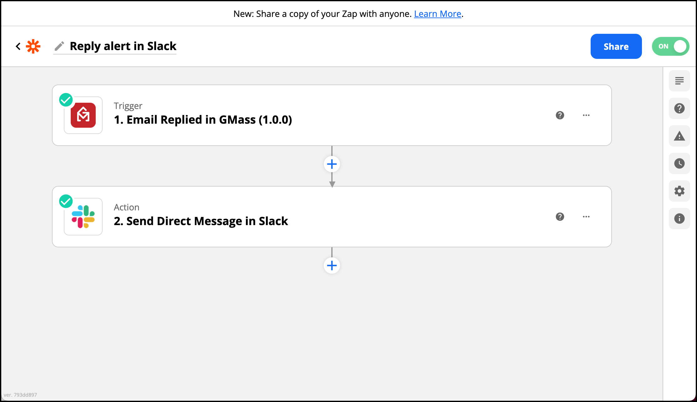 Using Zapier to connect GMass to Slack.