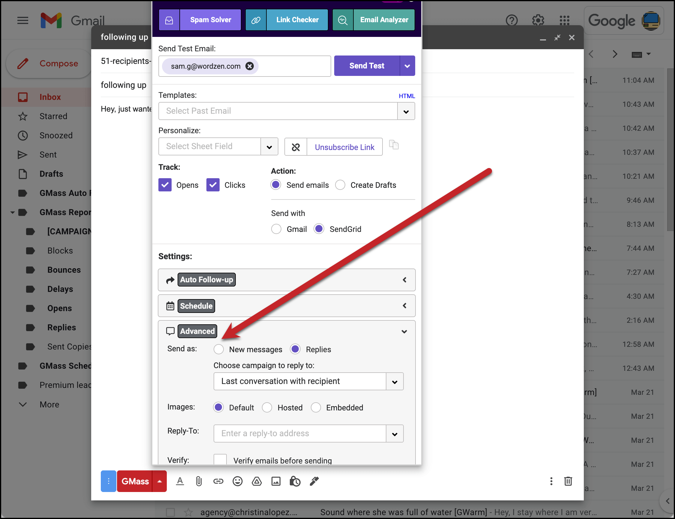 Setting up threaded replies in a new campaign.