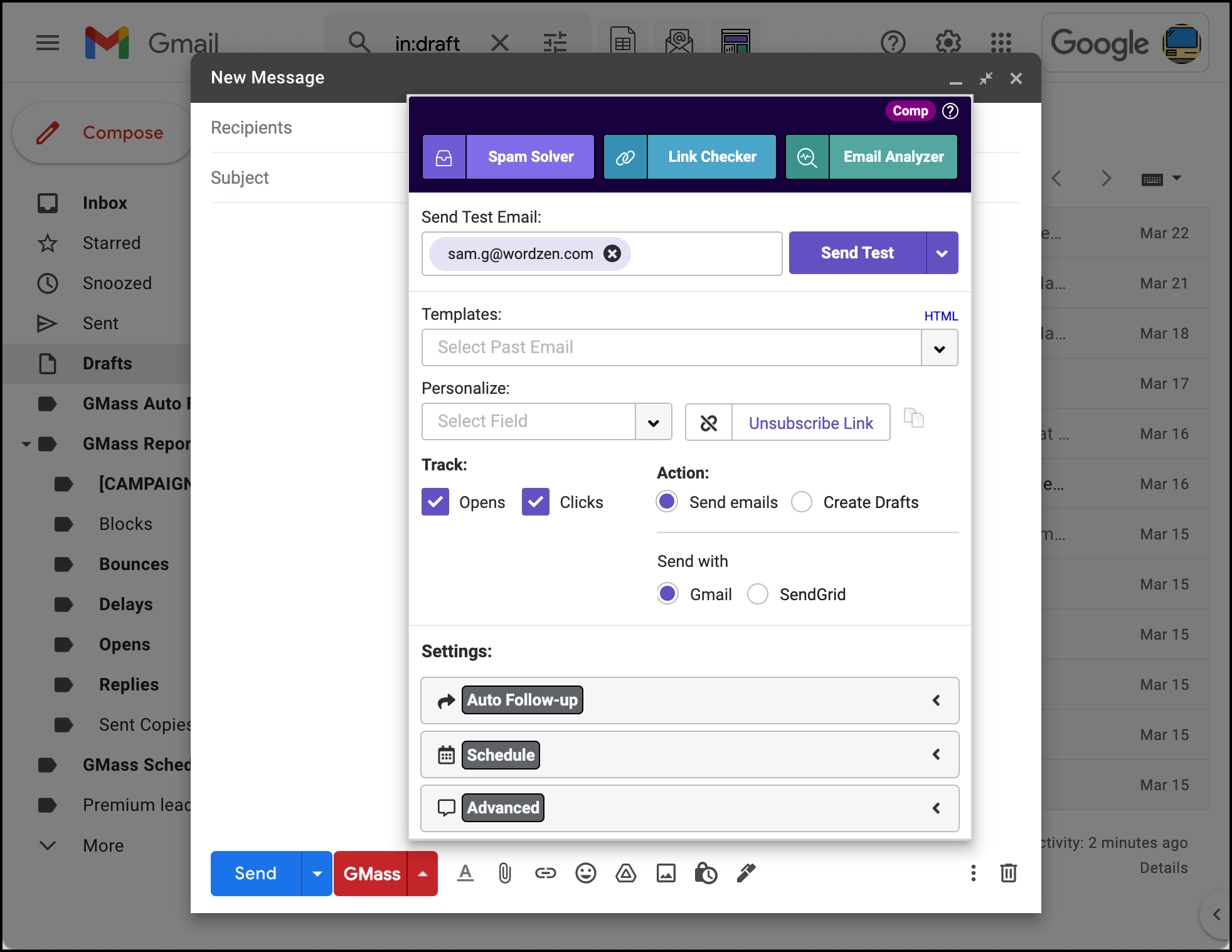 The GMass settings box